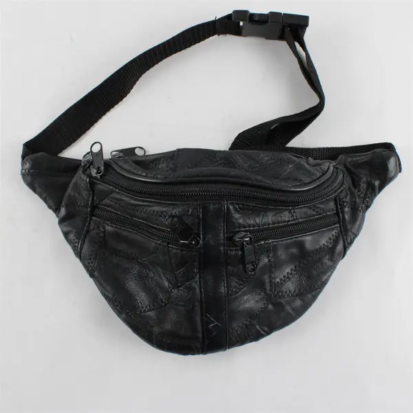 Black Faux Leather Patchwork Fanny Pack Belt Bag FLAWED