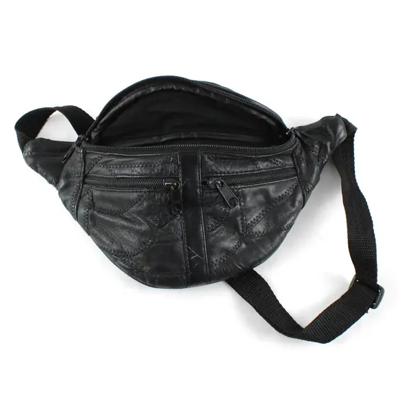 Black Faux Leather Patchwork Fanny Pack Belt Bag FLAWED