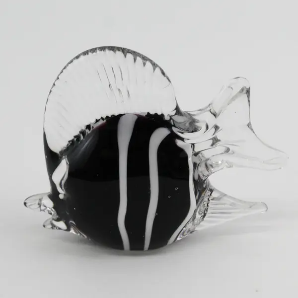 Decorative B&W Striped  Hand-Blown Glass Angel Fish Figurine, Murano-Style 