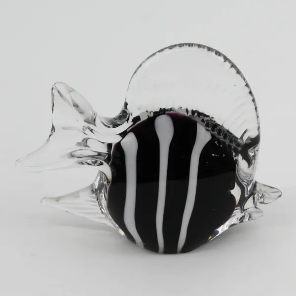 Decorative B&W Striped  Hand-Blown Glass Angel Fish Figurine, Murano-Style 