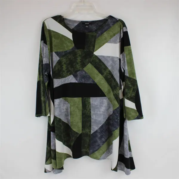 Alfani Handkerchief Hem Blouse Green, Black, White Abstract 3/4 Sleeve Size L