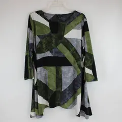 Alfani Handkerchief Hem Blouse Green, Black, White Abstract 3/4 Sleeve Size L