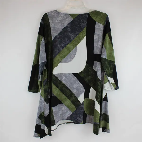 Alfani Handkerchief Hem Blouse Green, Black, White Abstract 3/4 Sleeve Size L