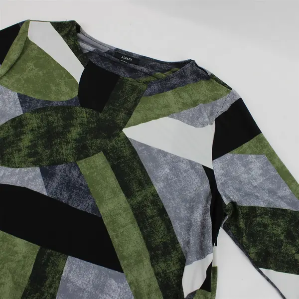 Alfani Handkerchief Hem Blouse Green, Black, White Abstract 3/4 Sleeve Size L