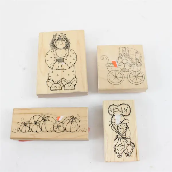 PSX Design Lot of 4 Wood Mounted Rubber Stamps Pumpkin Cowboy Girl Carriage