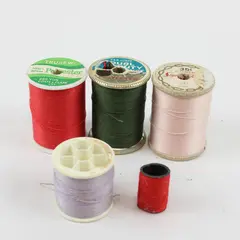 Lot of 5 Mixed Brand Sewing Thread Spools Red Green Pink Lilac Used
