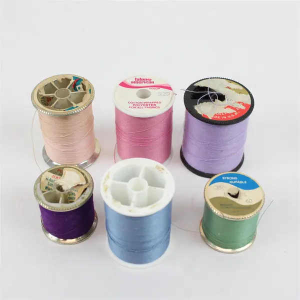 Lot of 6 Sewing Thread Spools Assorted Colors Pink Purple Green Blue