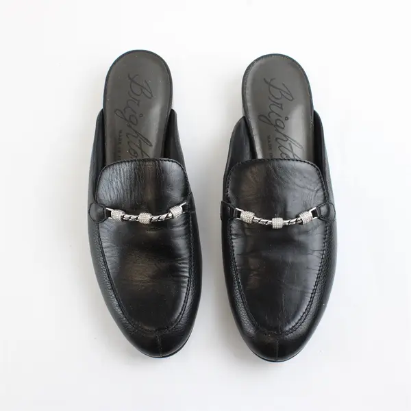 Brighton Shauna Black Leather Silver Chain Mule Flats 8.5M