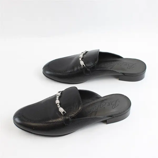 Brighton Shauna Black Leather Silver Chain Mule Flats 8.5M