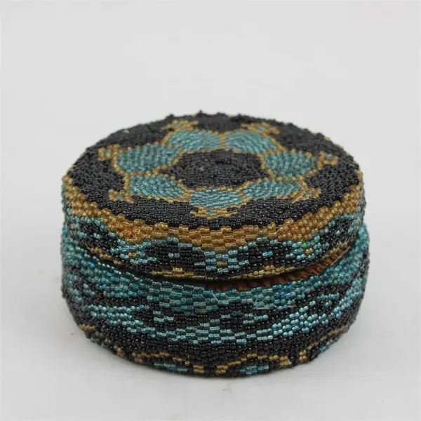Handmade Beaded Round Trinket Box Black Teal Gold Vanity Decor
