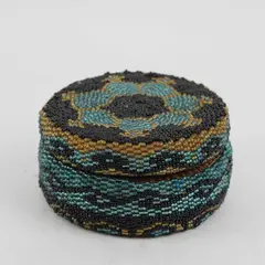 Handmade Beaded Round Trinket Box Black Teal Gold Vanity Decor
