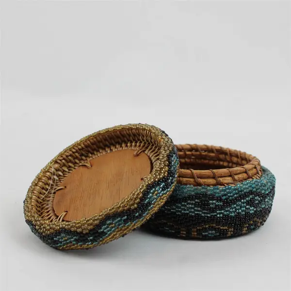 Handmade Beaded Round Trinket Box Black Teal Gold Vanity Decor