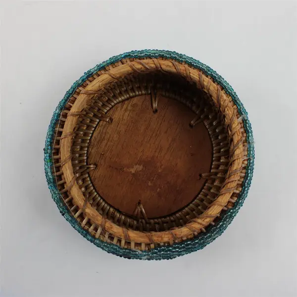 Handmade Beaded Round Trinket Box Black Teal Gold Vanity Decor