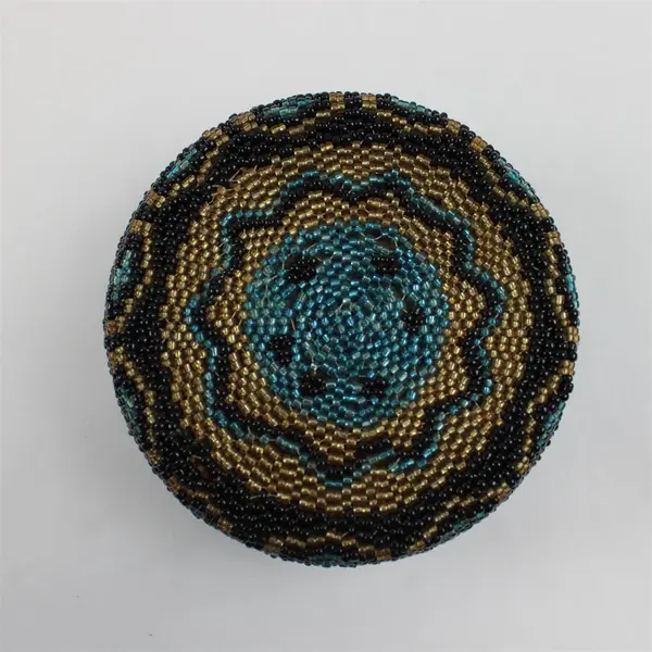 Handmade Beaded Round Trinket Box Black Teal Gold Vanity Decor