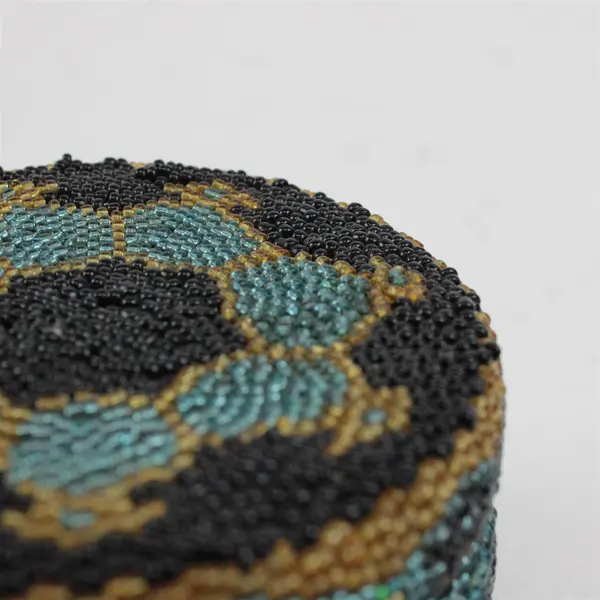 Handmade Beaded Round Trinket Box Black Teal Gold Vanity Decor