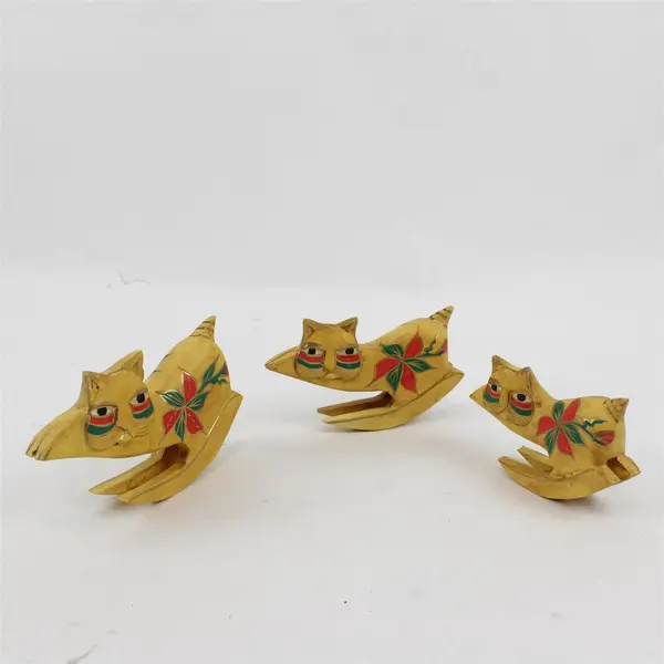 Set of 3 Hand Carved Wood Rocking Cat Figurines Folk Art Poinsettia Decor