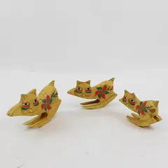 Set of 3 Hand Carved Wood Rocking Cat Figurines Folk Art Poinsettia Decor