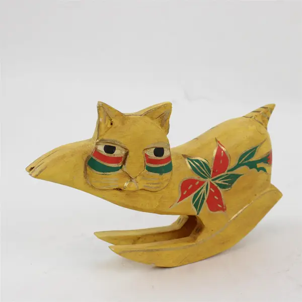 Set of 3 Hand Carved Wood Rocking Cat Figurines Folk Art Poinsettia Decor