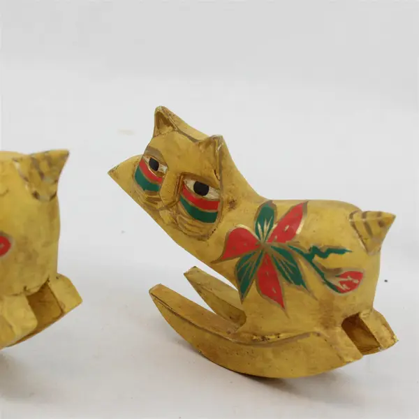Set of 3 Hand Carved Wood Rocking Cat Figurines Folk Art Poinsettia Decor
