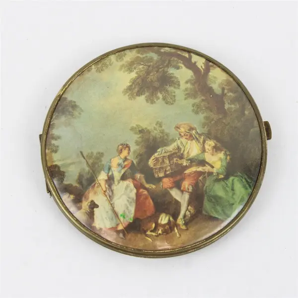 Vintage Brass Double-Sided Compact Mirror Scenic Lid 3.5in