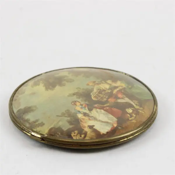Vintage Brass Double-Sided Compact Mirror Scenic Lid 3.5in