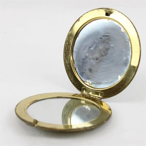 Vintage Brass Double-Sided Compact Mirror Scenic Lid 3.5in