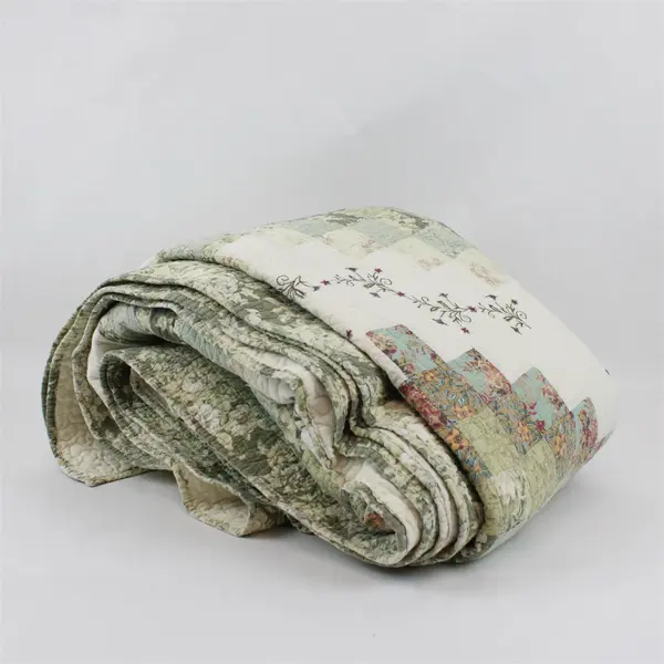 King Quilt Bedspread Floral Green White Purple Cotton Polyester Rayon
