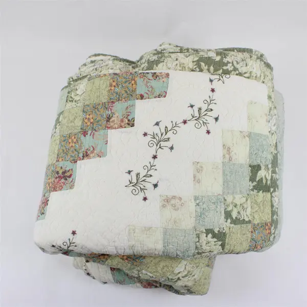King Quilt Bedspread Floral Green White Purple Cotton Polyester Rayon