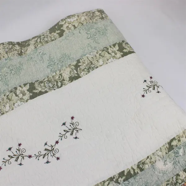 King Quilt Bedspread Floral Green White Purple Cotton Polyester Rayon