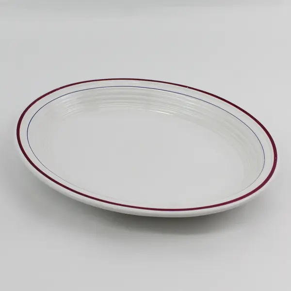 Homer Laughlin White Oval Restaurant Ware Platter Burgundy Blue Stripes 11.25in