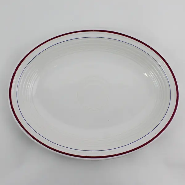 Homer Laughlin White Oval Restaurant Ware Platter Burgundy Blue Stripes 11.25in