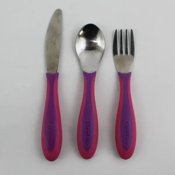 Gerber 3 Pc. Feeding Set: Fork Spoon Knife Stainless Steel/Plastic Pink/Purple 