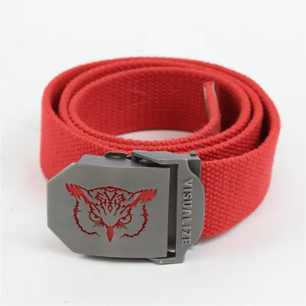 Visualize Golf Belt Red & Gunmetal Gray Owl Engraved Buckle 42in
