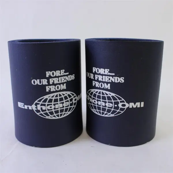 Set of 3 Enthone OMI Beverage Koozie Insulators Navy Blue White Lettering