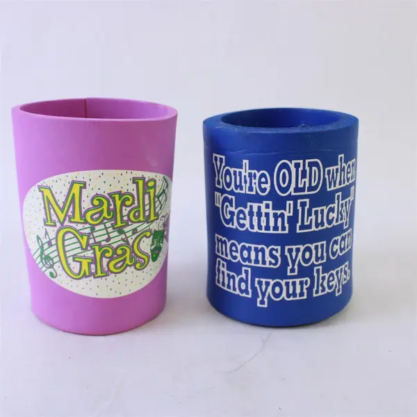 Lot of 2 Beverage Insulators Mardi Gras Pink Blue You're Old Can Coolers