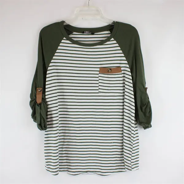 Bloomchic Green and White Striped 3/4 Sleeve Top Women's Size 10