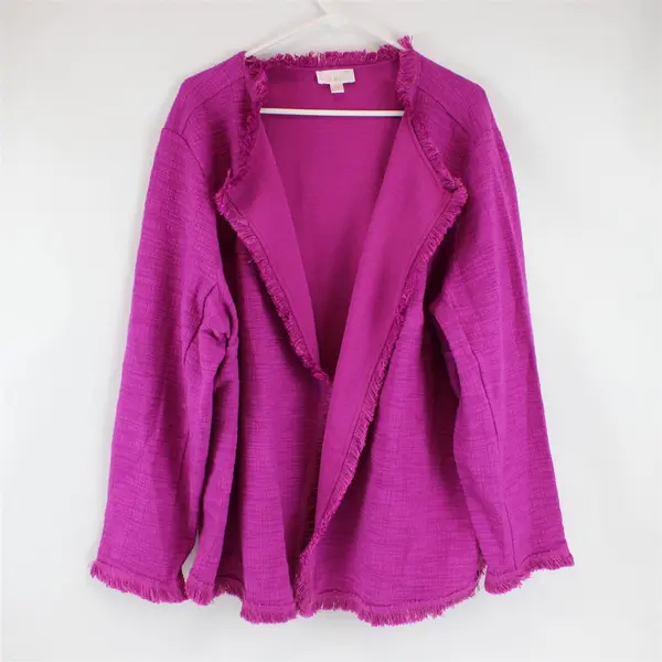 Belle by Kim Gravel Fuchsia Fringed Open-Front Jacket Women's 3X
