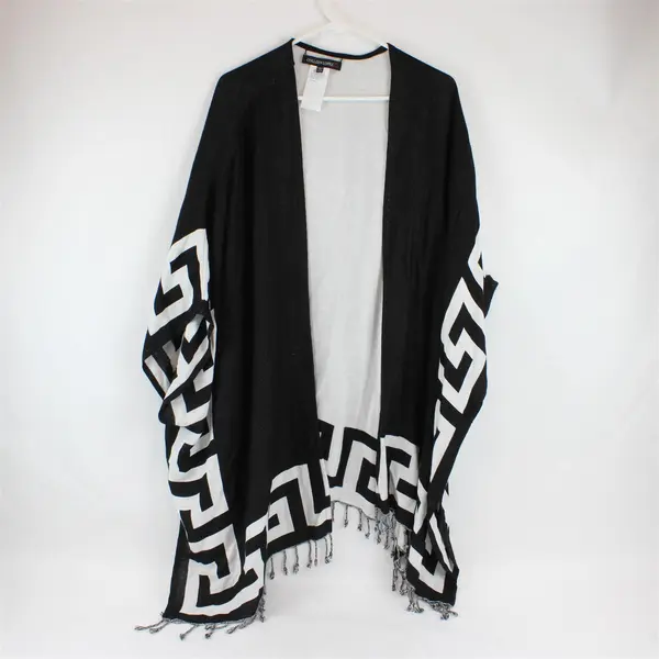 Colleen Lopez Black & White Short-Sleeved Open-Front Fringed Shawl Women's 2X/3X