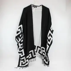 Colleen Lopez Black & White Short-Sleeved Open-Front Fringed Shawl Women's 2X/3X