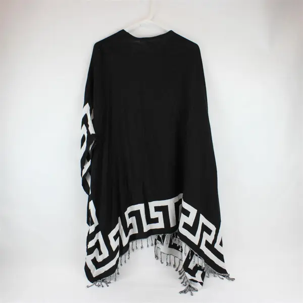 Colleen Lopez Black & White Short-Sleeved Open-Front Fringed Shawl Women's 2X/3X
