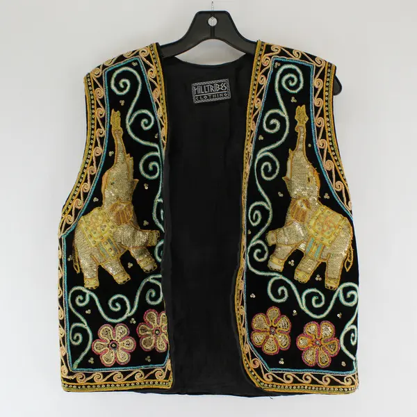 Vintage HillTribes Clothing Unisex L Beaded & Embroidered Vest w/3-D Elephants 