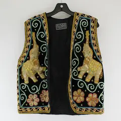 Vintage HillTribes Clothing Unisex L Beaded & Embroidered Vest w/3-D Elephants 