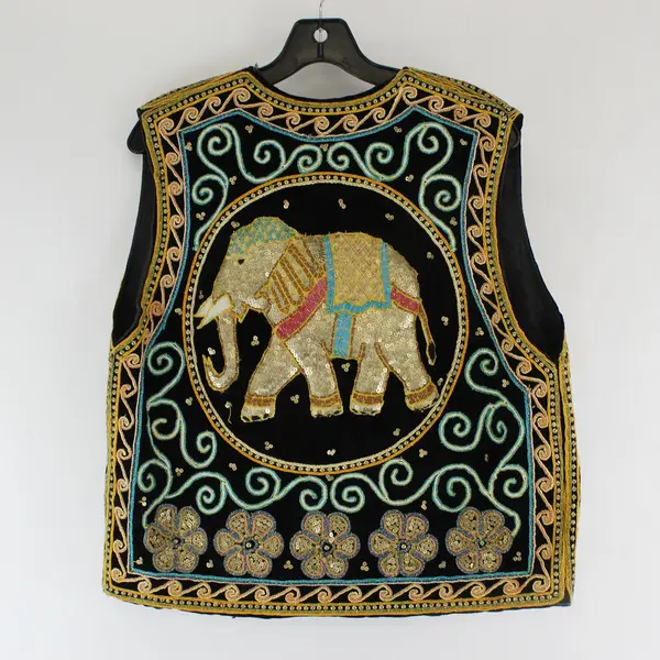 Vintage HillTribes Clothing Unisex L Beaded & Embroidered Vest w/3-D Elephants 