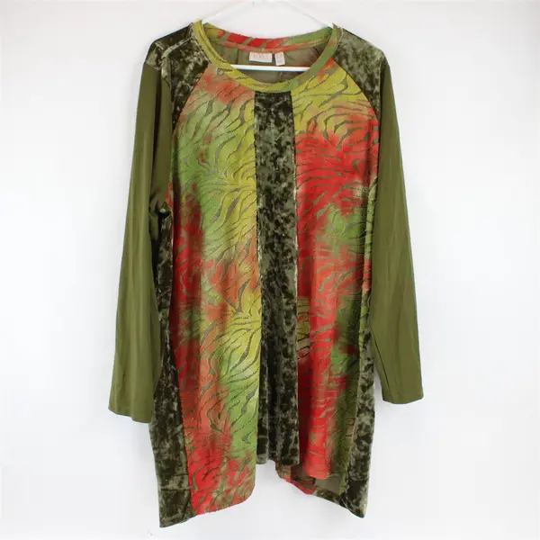 LOGO Lori Goldstein Semi-Sheer Green and Orange Long-Sleeved Top Women's 2X