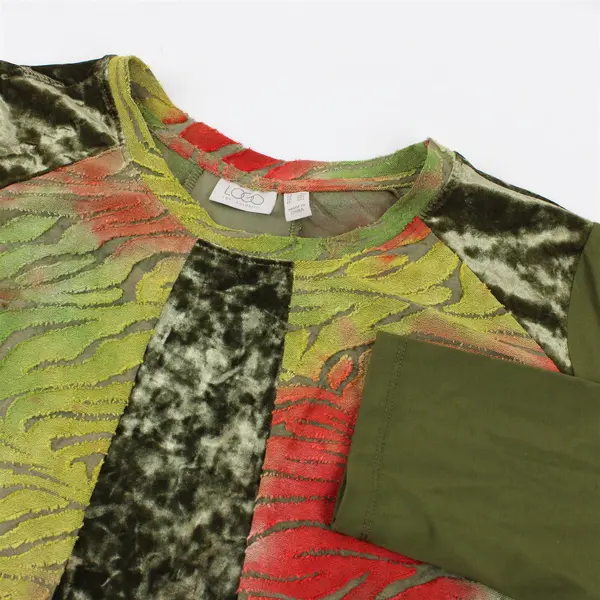LOGO Lori Goldstein Semi-Sheer Green and Orange Long-Sleeved Top Women's 2X
