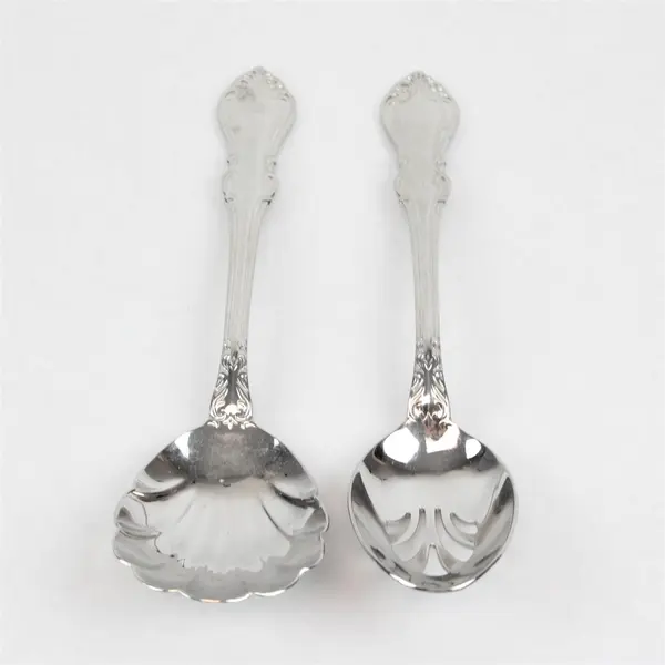 Reed & Barton Shubert Pierced Tablespoon & Solid Shell Casserole Spoon Pair