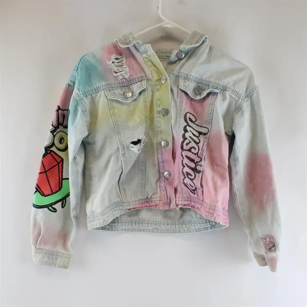 Justice Denim Jacket Girls Small 7/8 Bazooka Ring Pop Tie Dye Distressed Grunge