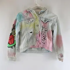 Justice Denim Jacket Girls Small 7/8 Bazooka Ring Pop Tie Dye Distressed Grunge
