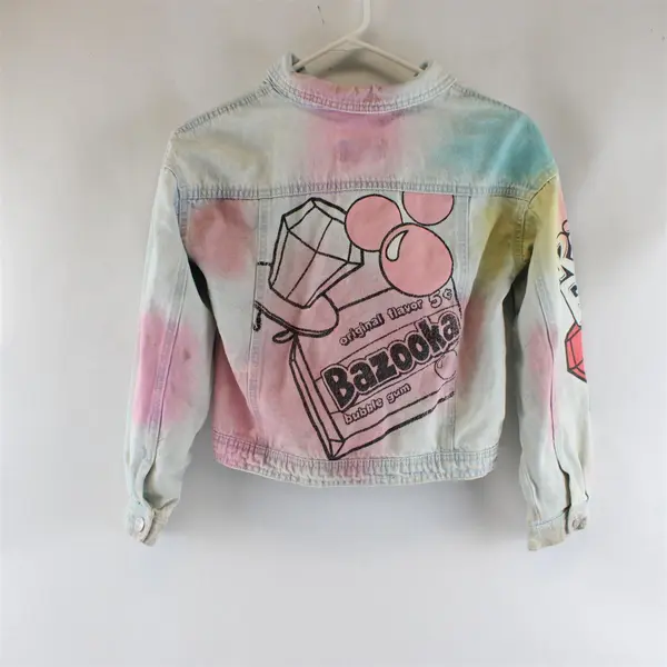 Justice Denim Jacket Girls Small 7/8 Bazooka Ring Pop Tie Dye Distressed Grunge