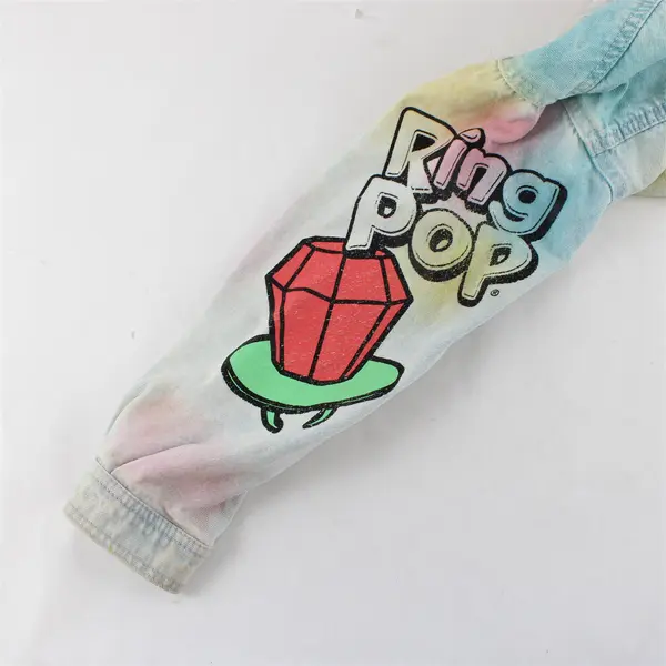 Justice Denim Jacket Girls Small 7/8 Bazooka Ring Pop Tie Dye Distressed Grunge